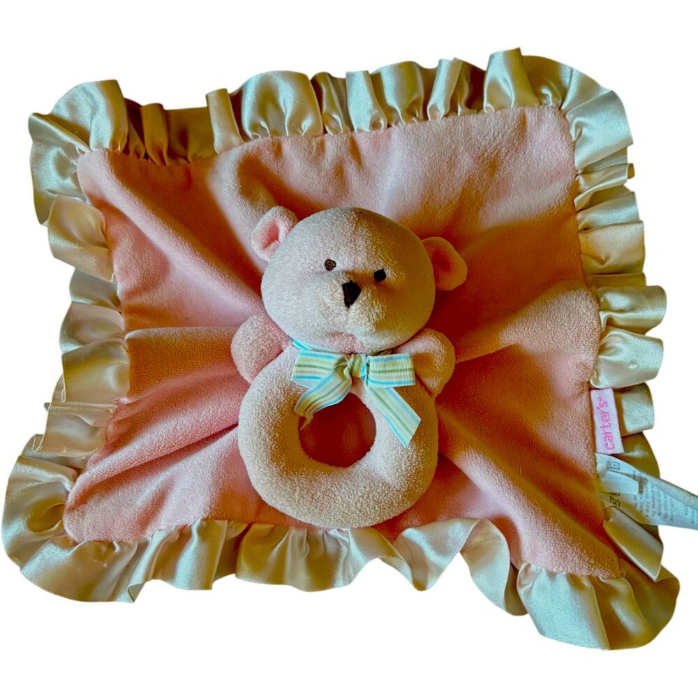CARTER'S Pink Bear Lovey Ring Rattle Plush Satin Ruffles 2010 Girls‎ Security